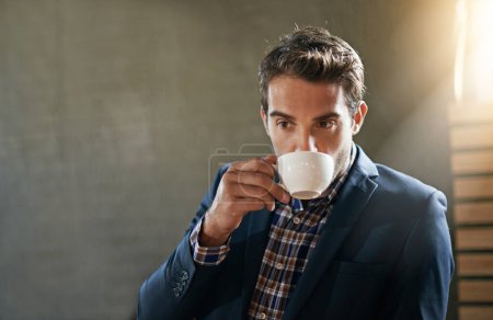 Photo for Businessman, coffee shop and drinking while thinking in morning for corporate enterprise career, deep thoughts and wondering with mug. Male person, idea and contemplating for decision with beverage. - Royalty Free Image