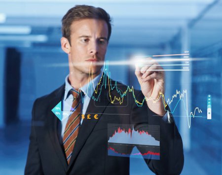 Photo for 3D, hologram and businessman writing on graphs for software technology with information. Futuristic, career and professional male finance analyst planning investment statistics with chart display - Royalty Free Image