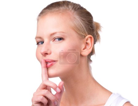 Photo for Woman, portrait and finger with secret in studio for noise, privacy and whisper for confidential mystery. Model, person and face with shush gesture for silence, gossip or surprise on white background. - Royalty Free Image