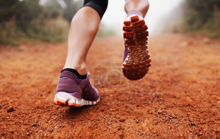 Photo for Fitness, shoes and running woman in park closeup for training, exercise or wellness outdoor. Workout, sneakers and legs of female runner in nature for morning cardio, sports or marathon run routine. - Royalty Free Image