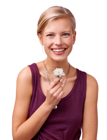 Photo for Studio, happy woman and portrait of daisy by white background and gift of love or new beginning in mockup. Model, face and positive with flower for stress relief, calm and wellness with floral plant. - Royalty Free Image