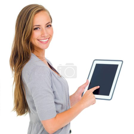 Photo for Tablet, screen, and woman face with hand pointing to mockup in studio for promo info on white background. Digital, space and portrait of female model show how to google it, offer or Netflix sign up. - Royalty Free Image