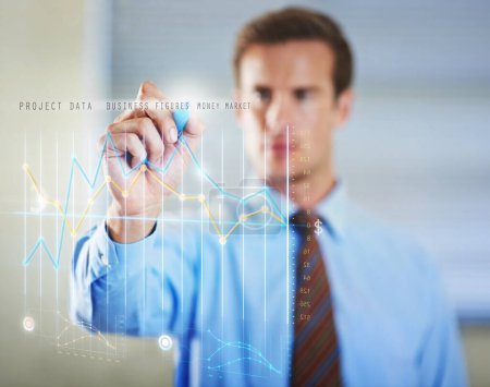 Photo for Abstract, hologram and businessman writing on graphs for software technology with information. Futuristic, career and professional finance analyst planning investment statistics with 3d chart display. - Royalty Free Image