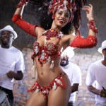Woman, dancing and samba for music festival, carnival or street performance with costume at night. Excited and happy dancer with drummer or band for event, celebration and culture in Rio de Janeiro.