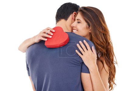 Photo for Happy, paper and heart with couple, hug and relationship isolated on white studio background. Embrace, man or woman with gift, love or symbol with Valentines day or romantic with marriage and smile. - Royalty Free Image