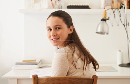 Photo for Portrait, student or teenager with education, bedroom or learning with ideas or research for a project. Face, person and girl sitting at her desk, homeschool or lesson with books, study or thinking. - Royalty Free Image