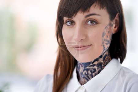 Photo for Business, woman and tattoo with portrait in office with confident attitude, happiness or pride with mockup space. Entrepreneur, face of artist and designer with ink skin, body art or grunge aesthetic. - Royalty Free Image