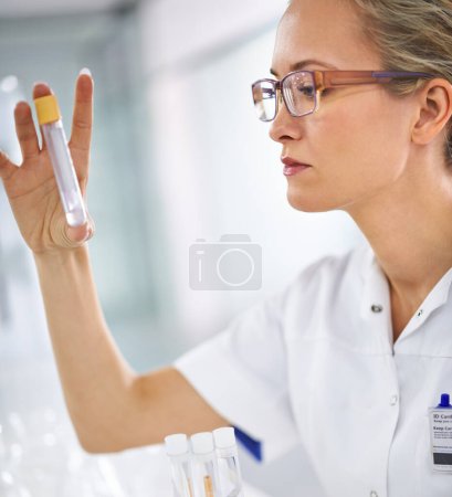 Photo for Liquid, test tube or woman scientist in laboratory for sample research, medical exam or virus experiment. Solution, review or science expert with vaccine cure for future development or dna results. - Royalty Free Image