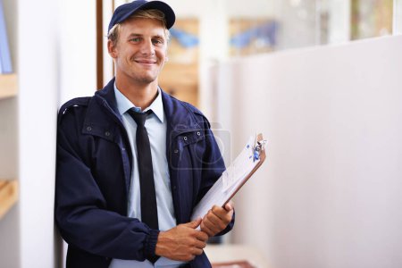 Photo for Portrait, smile and delivery with courier man at office for distribution, shipping or service. Ecommerce, logistics or retail and happy young postal worker with clipboard for manifest or order. - Royalty Free Image