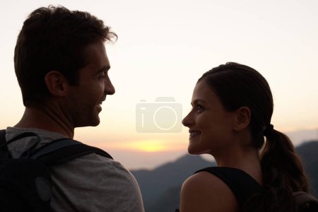Photo for Hiking, love and happy couple on vacation at sunset with smile for holiday, support or sightseeing. Back, tourism and romantic man with a woman on outdoor adventure travel in Rio de Janeiro, Brazil. - Royalty Free Image