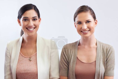 Photo for Portrait, smile and business woman team in studio isolated on white background for collaboration. Face, teamwork or partnership with happy young employee and colleague together for company ambition. - Royalty Free Image