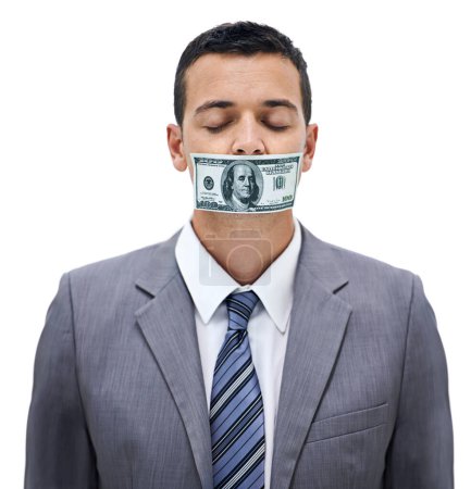 Photo for Business man, money and mouth for silence, bribe or corruption with suit in studio by white background. Person, cash and quiet for corporate crime with fraud, finance and payment with eyes closed. - Royalty Free Image