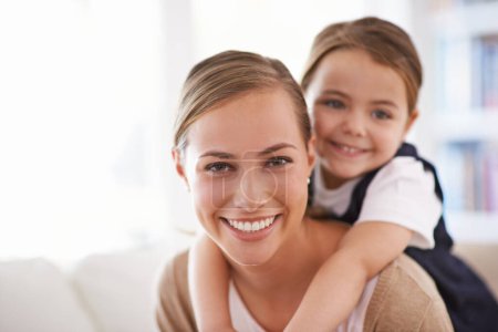 Photo for Mother, child and piggyback in portrait with games in family home, love and bonding with smile while playing. Playful woman, young girl and happy in living room with fun time together for childhood. - Royalty Free Image