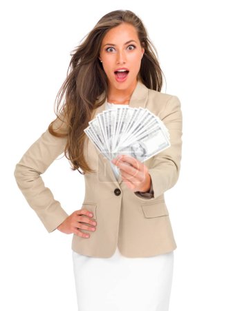 Photo for Money, fan and portrait of woman with surprise for cash on studio, white background and mockup. Professional, person and dollars in hand for winning bonus, giveaway or financial success on investment. - Royalty Free Image