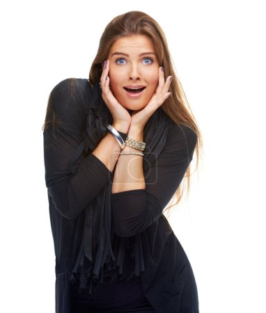 Photo for Portrait, woman and surprise in studio for news, reaction and facial expression with announcement. Winner, wow for success and hands frame face, shock and OMG for achievement on white background. - Royalty Free Image