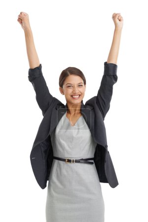 Photo for Professional, woman and arms up in studio for success, winning and achievement with yes and celebration. Portrait of an excited worker, accountant or winner with business goals on a white background. - Royalty Free Image