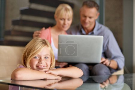 Photo for Portrait, happy child and parents in lounge with love, relax and laptop for movie on weekend in house. Father, mother or daughter face with smile for care in home or stream for online subscription. - Royalty Free Image