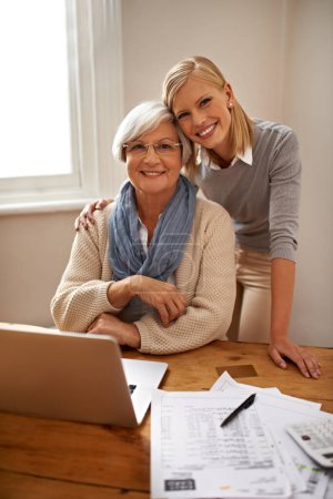 Photo for Senior woman, daughter and portrait with laptop and notes for budget and bookkeeping in retirement. Elderly person, lady and smile with technology for spending and planning together with touch. - Royalty Free Image