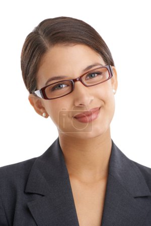 Photo for Business woman, glasses and professional vision with eye care, wellness and optometry for investigative journalist. Prescription lens, frame and portrait with headshot of reporter on white background. - Royalty Free Image