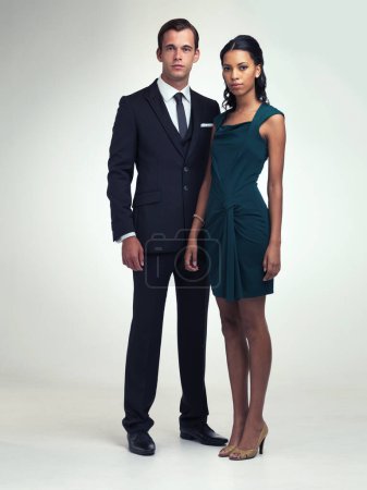 Photo for Portrait, retro or couple in formal fashion in studio or confidence in vintage style in mock up. Face, confident or young man by woman in elegant clothes, love or classy for party by white background. - Royalty Free Image