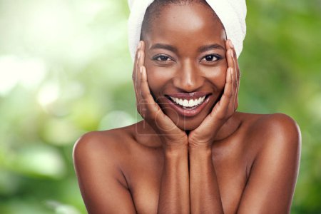 Photo for Hair towel, portrait or black woman in studio for skincare, wellness or dermatology results on green background. Beauty, cleaning and face of African lady model with cosmetic, pamper or spa aesthetic. - Royalty Free Image