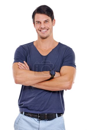 Photo for Portrait, happy man or arms crossed for fashion in summer clothes, watch or belt on white background. Confident male model, tshirt and accessories for fashionable, casual and outfit in Australia. - Royalty Free Image