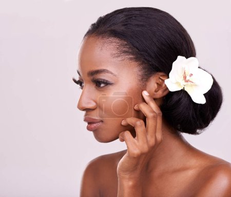 Photo for Black woman, flower and natural beauty with dermatology and wellness isolated on grey background. Cosmetic care, eco friendly treatment with nature or plant, makeup and organic facial for skincare. - Royalty Free Image