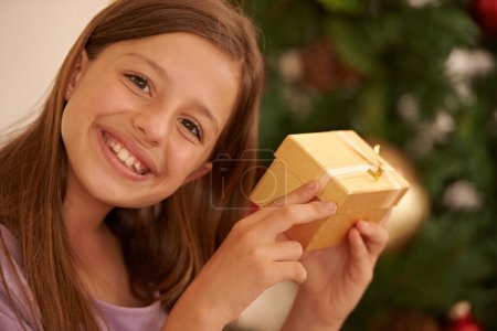 Téléchargez les photos : Noël, arbre et portrait d'enfant avec boîte cadeau, sourire et célébration avec heureux paquet surprise à la maison. Vacances, festive et fille avec cadeau, gratitude de Noël et plaisir excité dans l'appartement. - en image libre de droit