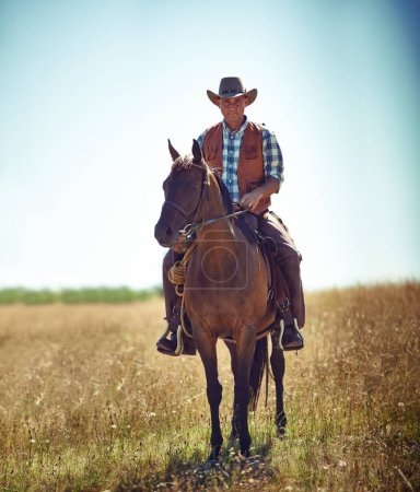 Photo for Man, portrait and horse riding in countryside as cowboy or adventure in Texas meadow for explore, exercise or training. Male person, animal and stallion in rural environment on saddle, ranch or hobby. - Royalty Free Image