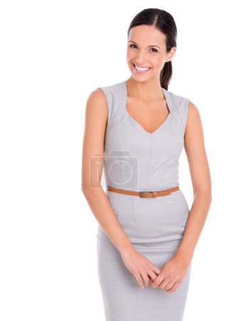 Photo for Portrait, fashion and smile with corporate woman in studio isolated on white background for professional career. Business, job or employment with happy young person in dress for pride or satisfaction. - Royalty Free Image