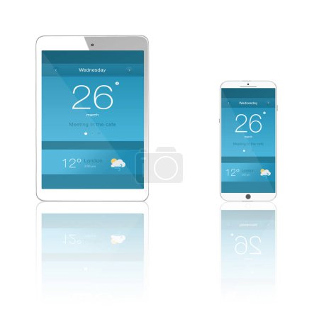 Photo for Smartphone screen, tablet and ui of cellphone in studio isolated on white background mockup space. Phone, technology and display of digital electronics, time or weather app notification on reflection. - Royalty Free Image