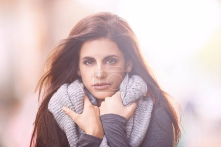 Photo for Portrait, outdoor and winter with woman, fashion and happy in the street and urban town. Face, New York and girl with casual outfit and cold with person and warm clothes with scarf, peace and walking. - Royalty Free Image