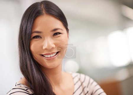 Photo for Asian woman, portrait and office for creative business as copy writer for company or agency. Japanese person, smile and startup for project for workplace or job, editor and designer from Tokyo - Royalty Free Image
