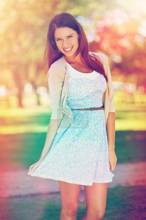 Photo for Portrait, girl or smile in spring, fashion or stylish as casual, outfit or fresh air to relax. Playful, woman or trendy clothing in park on sunny day in boutique designer couture as leisure wear. - Royalty Free Image