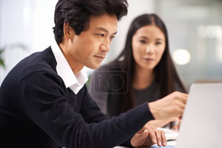 Photo for Business people, laptop and working in a office with Japanese staff and corporate team. Management, tech and internet research for company project at a startup with consulting firm with planning. - Royalty Free Image
