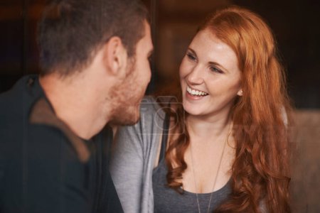 Photo for Happy couple, bonding and laughing with funny joke at cafe for romance, support or romance at indoor restaurant. Man and woman with smile in happiness for social, conversation or friendly discussion. - Royalty Free Image