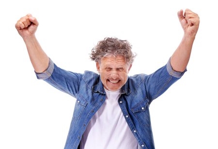 Photo for Senior man, portrait and excited for winning with arms raised, cheers and happiness on white background. Fist pump, success and celebration in studio, achievement or opportunity with bonus and reward. - Royalty Free Image