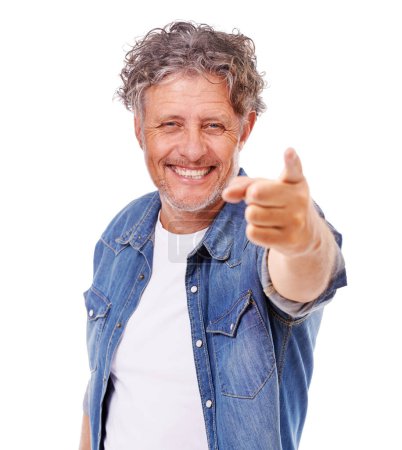 Photo for Senior man, portrait and pointing at you, choice or selection with invitation to join us isolated on white background. Decision, motivation and smile with feedback, voting or offer with opportunity. - Royalty Free Image