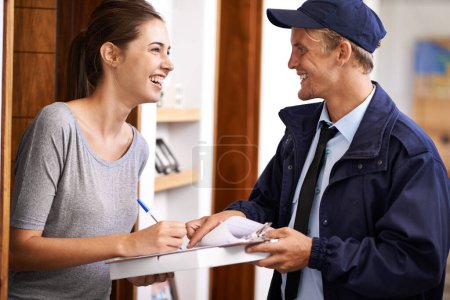 Photo for Delivery, courier and woman sign documents, forms and application for package, parcel and box. Online shopping, ecommerce and people with paperwork for shipping, supply chain and distribution in home. - Royalty Free Image