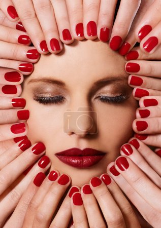 Photo for Beauty, cosmetics and relax, woman with manicure and red lipstick for creative aesthetic. Luxury makeup, face and hands with nail polish for self care, shine and confident model with salon product. - Royalty Free Image