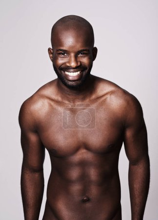 Photo for Black man, topless and body with abs in portrait, fitness and health with muscle on dark background. Exercise, sport and athlete with six pack, confident and masculine with testosterone in studio. - Royalty Free Image