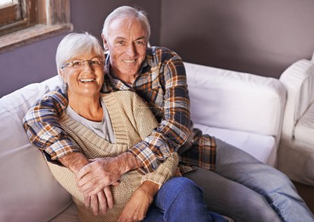 Photo for Couple, senior and portrait with hug, smile and home for happy retirement. Mature man, woman and marriage with elderly, care and love for healthy relationship and romantic rest and relaxation. - Royalty Free Image