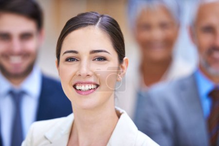Photo for Business woman, portrait and leadership for teamwork, confidence and about us in office, workplace or law firm. Face of lawyers, employees and group of people with smile or happy for career or values. - Royalty Free Image