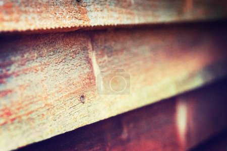Photo for Vintage, cabin and wall with wood material for old shed, shack and architecture design. Rough texture, timber and brown plank with panels for lodge, hardwood structure and closeup of building. - Royalty Free Image