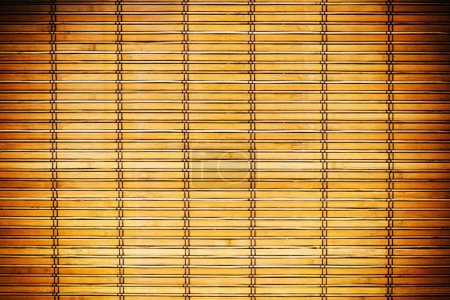 Photo for Wallpaper, bamboo and texture with wooden blinds for shade, cover or pattern of abstract wall, design or color background. Detail of wood surface, stripes and lines with exterior or modern curtains. - Royalty Free Image