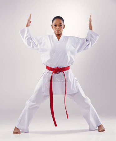 Photo for Woman, portrait and hands for karate in studio, fitness and martial arts on white background. Black person, athlete and red belt for taekwondo, discipline and warrior ready for self defense or battle. - Royalty Free Image