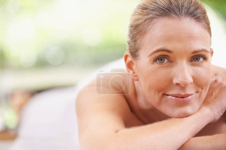 Photo for Happy woman, portrait and relax with zen for physiotherapy, massage or wellness at spa, hotel or resort. Calm young female person in beauty for peaceful relaxation, facial or body treatment at salon. - Royalty Free Image