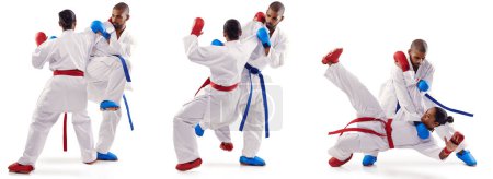 Photo for Karate, fight and people in studio exercise, training with gloves on fist or collage of class. Composite, montage and student learning from teacher in martial arts with kick or punch technique. - Royalty Free Image