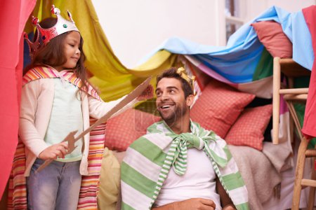 Photo for King, play or dad with princess in home in a bedroom fort with crown costume, girl or parent. Family castle, happiness or smile with a knight, father or an excited child in a dress up or sword game. - Royalty Free Image
