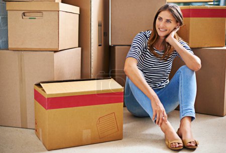 Photo for Thinking, smile and woman with boxes in new home for moving to estate, property or apartment. Happy, excited and young female person with cardboard package for equipment and products in modern house - Royalty Free Image